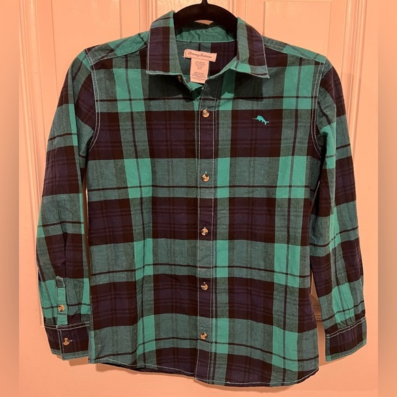 Tommy Bahama Kids Boys Green & Blue Plaid Button Down Shirt in Size Large 10/12 - Picture 5 of 16